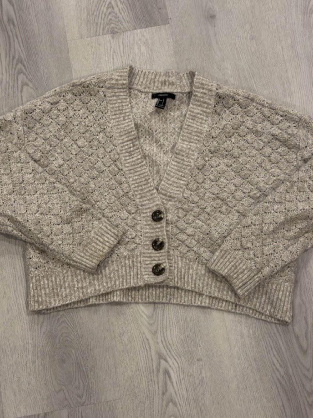 Forever 21 Beige Open Knit Cropped Cardigan Button Front Size Large